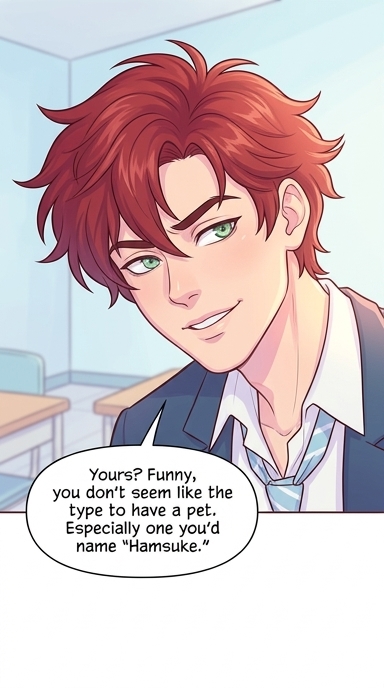 A close-up on Liam's face shows his growing disbelief. He's not buying Sophie's sudden claim at all, a playful but unconvinced smirk on his lips.