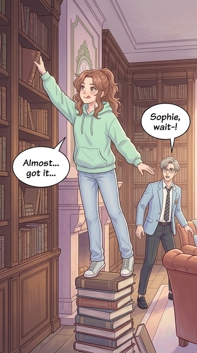 In a moment of levity, Sophie precariously reaches for a book atop a tall, wobbly stack she has created, trying to save time.