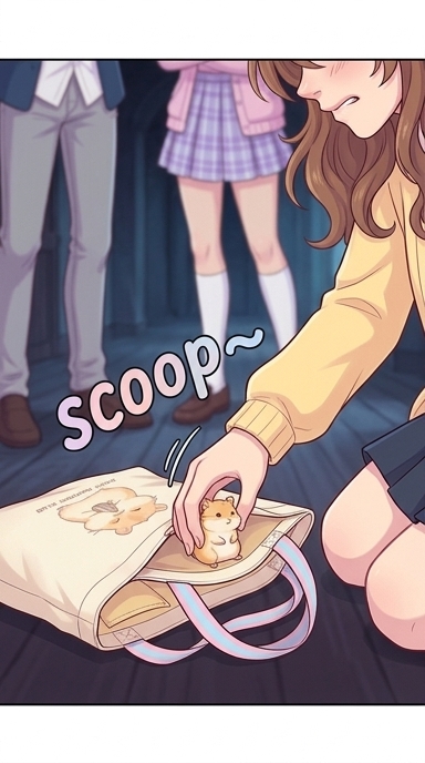 While Liam and Chloe are distracted, Sophie discreetly crouches down and swiftly scoops hamster-Ethan into her canvas tote bag.