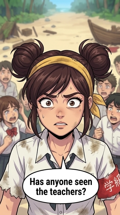 Yumi scans the crowd of terrified faces, her own expression tightening with worry as she struggles to organize them.