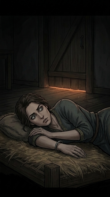 Later that night, Ildico lies on a straw pallet in a dark corner of the farmhouse. She is not asleep; her eyes are wide open, fixed on the thin sliver of light from under a closed door, from where muffled voices are coming.