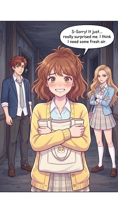 Sophie stands up straight, clutching her tote bag to her chest with both hands. She offers a shaky, apologetic smile to Liam and Chloe.