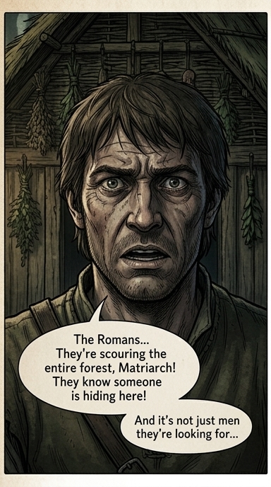 A close-up on the hunter's grim face, his eyes wide as he recounts the disturbing news to the Matriarch.