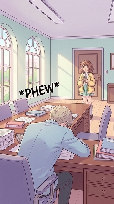 The faint light around Ethan's hand subsides. He lets out a shaky breath and collapses forward, his upper body resting on the desk amidst the papers, completely drained from the effort of stopping the transformation.