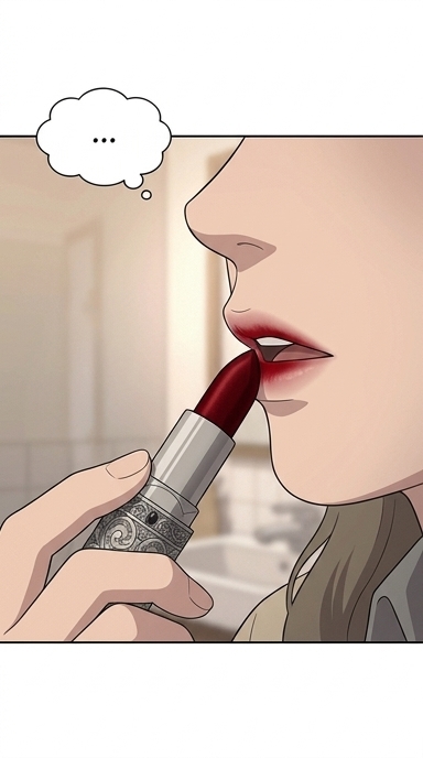 A tight, focused shot on Lena's lips as she carefully applies the crimson lipstick. The color is bold and shocking against her pale skin.