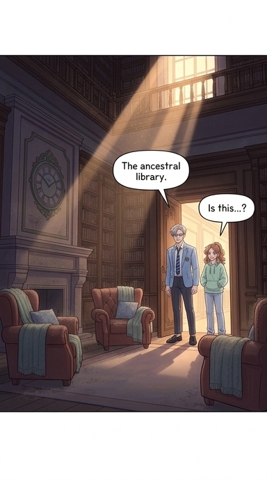The library door opens to reveal a vast, dark room filled with towering bookshelves. A single shaft of sunlight from a high window cuts through the dusty air.