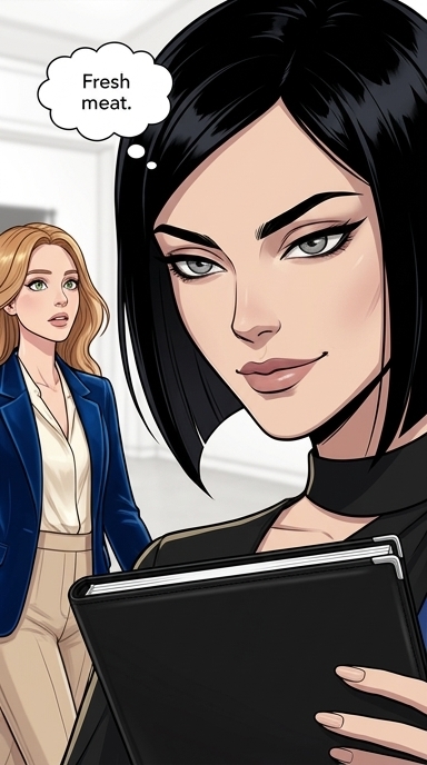 Lena's lip curls into a tiny, knowing smirk. Having sized Elara up, she dismissively looks back down at her portfolio, breaking the connection.