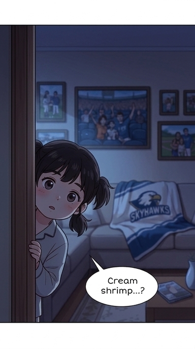 Seven-year-old Da-eun, in her pajamas, peeks around the corner of the living room doorway, her eyes wide with curiosity having overheard the conversation.