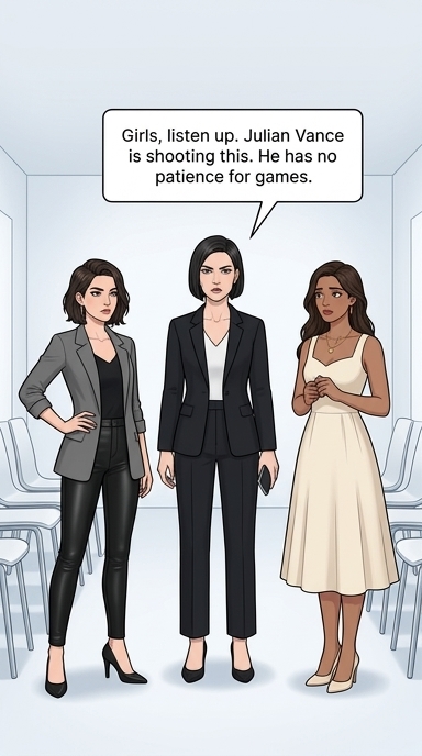 Sylvie ends her call and turns her intense, no-nonsense gaze on Elara and Lena.
