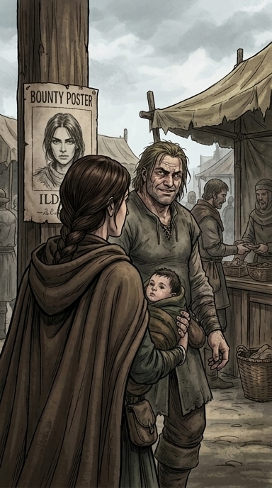 A large, grimy mercenary, who had been watching Ildico, now stares at the poster, then back at her. A moment of greedy recognition flashes across his face.