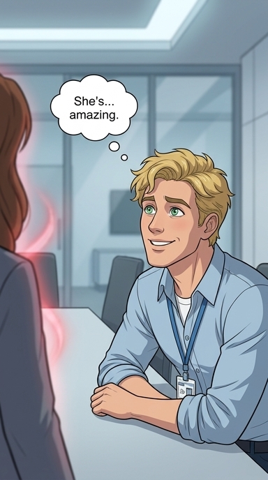 Ethan watches Lena, completely captivated. He leans forward slightly, a look of deep admiration on his face. Lena's crimson lips seem to have a subtle, mesmerizing glow.