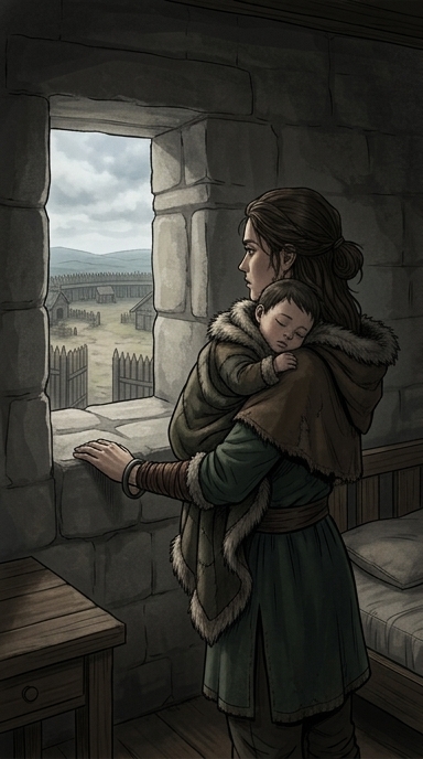 Inside a sparse but clean chamber, Ildico stands at a small, high window, looking out into the fortress courtyard below. She cradles a sleeping Ernak.