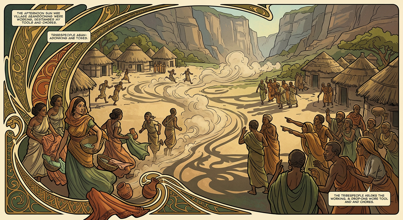 The calm of the village shatters. Tribespeople drop tools and chores. Some run towards their huts, while others gather in worried groups, looking towards the cliffs.
