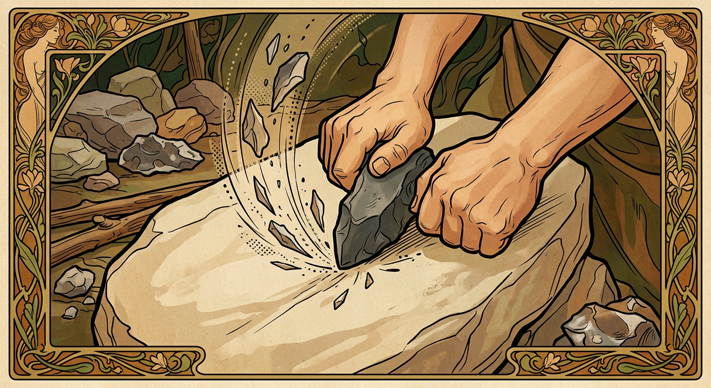 A pair of hands grinds a stone axe head against a large, flat rock. The movements are forceful and rhythmic. Small, sharp flakes of stone fly off with each pass.