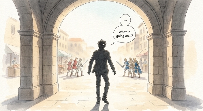 Romeo enters the edge of the plaza, stopping abruptly. Romeo's eyes widen upon seeing the standoff between the two families.