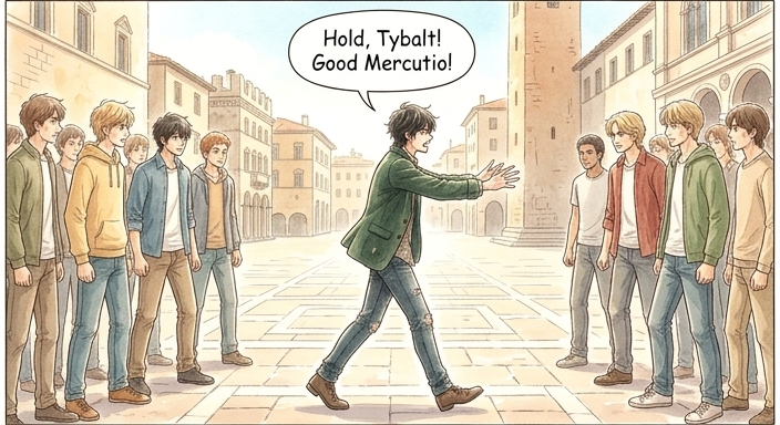 Romeo walks purposefully between the two groups. Romeo raises open hands in a clear gesture of peace.