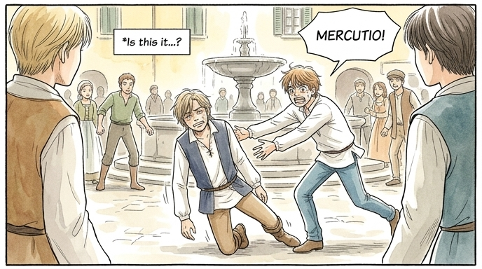 Mercutio's face contorts in sudden shock and intense pain. A hand flies to clutch the fresh wound on Mercutio's side. A dark stain spreads on the fabric.