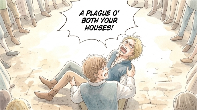 Romeo is on the ground, kneeling and holding Mercutio's upper body. Romeo's own face is a mask of horror and complete disbelief.