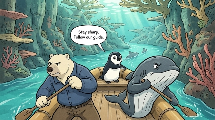 The trio paddles the raft, following the dolphins into the narrow coral passage. The First Traveler steers carefully, avoiding the walls of coral.