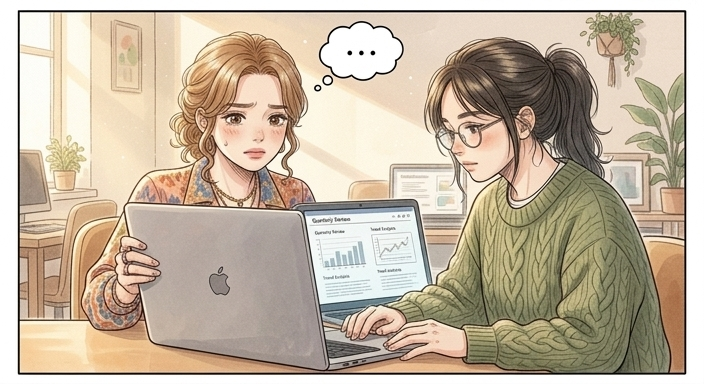 Sena turns the laptop around for Pona to see. LEFT: Polished Sena grips the laptop lid tightly. RIGHT: Understated Pona with glasses leans forward slightly to read the screen.