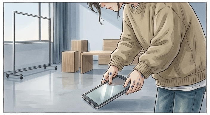 Pona lowers the tablet, her shoulders slumping. The screen, still lit, now points towards the floor. Pona's grip on the device loosens.