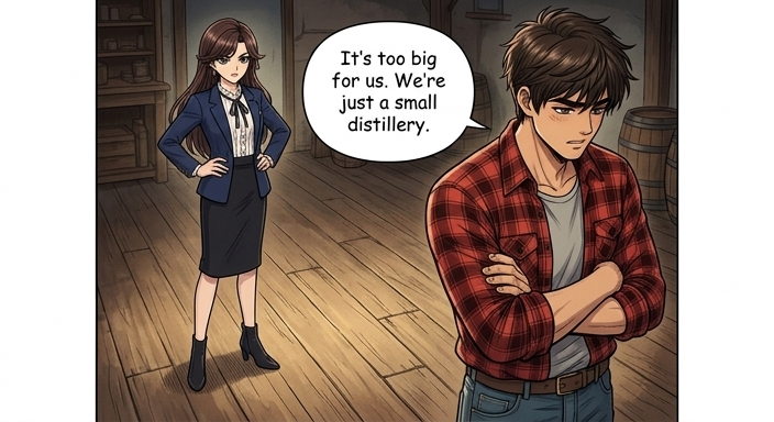 A moment of hesitation. LEFT: The slender woman, Soo-yeon, maintains a determined stance. RIGHT: The sturdy man with an athletic build, Han-sol, turns slightly away, folding his arms and looking down at the floor.