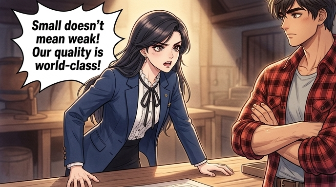 An impassioned argument. LEFT: The slender woman, Soo-yeon, takes a small step forward, leaning over the table. RIGHT: The sturdy man with an athletic build, Han-sol, remains with arms crossed, listening.