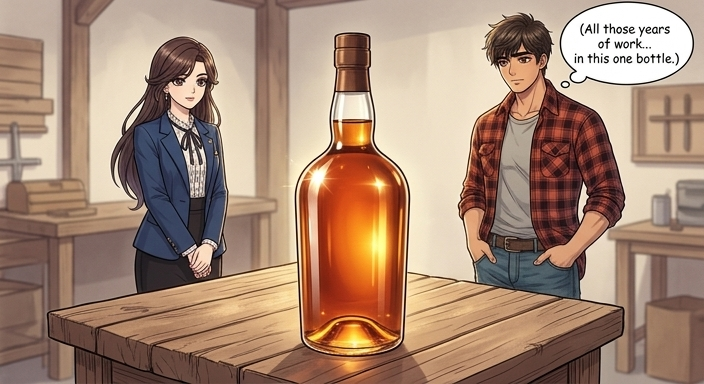 A quiet deliberation. LEFT: The slender woman, Soo-yeon, waits patiently. RIGHT: The sturdy man with an athletic build, Han-sol, shifts his gaze to a single, unlabeled bottle of cognac on the table.
