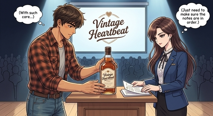 Setting up the presentation. LEFT: Han-sol, a sturdy athletic man, carefully places a bottle of 'Vintage Heartbeat' on a podium. RIGHT: Soo-yeon, a slender elegant woman, arranges notes.