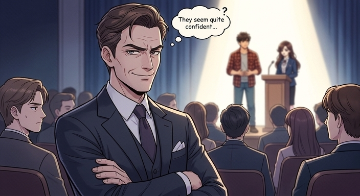 The audience watches the presentation. In the front row, Monsieur Dubois, the sharp-dressed 50-year-old man, sits with arms crossed, a deeply skeptical smirk on his face.