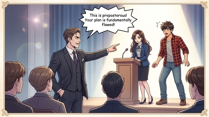 Monsieur Dubois, the sharp-dressed 50-year-old man, stands and interrupts, pointing a dismissive finger towards the stage. Han-sol and Soo-yeon are frozen in surprise.