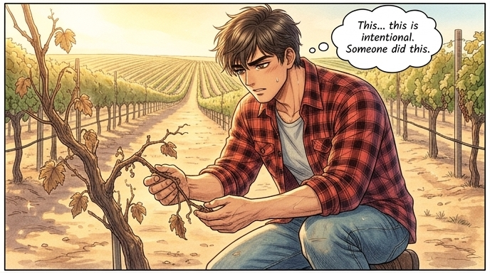 Han-sol discovers sabotage. CENTER: The man with a sturdy, athletic build, Han-sol, kneels to inspect a suspiciously withered section of a grapevine, Han-sol's expression showing concern.