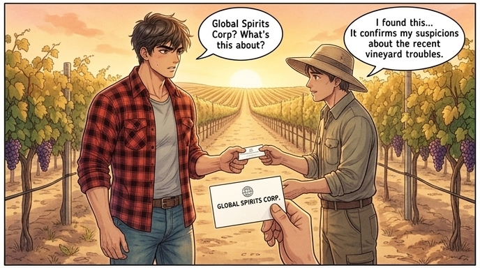 A worker reveals the interference. LEFT: The man with a sturdy, athletic build, Han-sol, listens intently. RIGHT: A local worker approaches, holding out a Global Spirits Corp. business card.