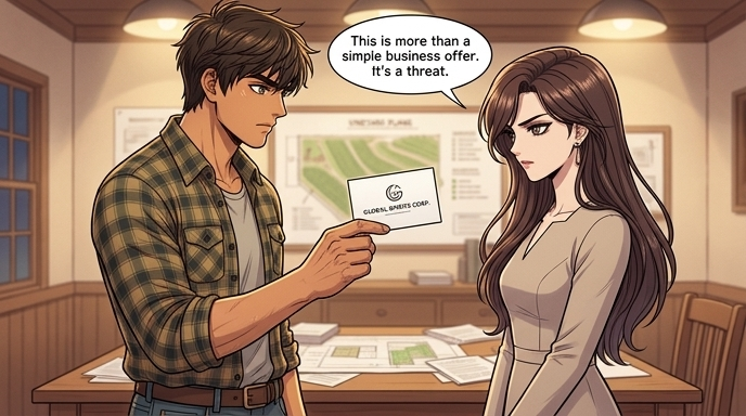 The partners understand the threat. LEFT: The man with a sturdy, athletic build, Han-sol, holds the business card. RIGHT: The woman with a slender frame, Soo-yeon, looks at the card, her expression hardening.