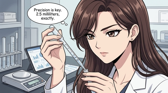 Soo-yeon applies her scientific precision. The 30-year-old woman with a slender frame, Soo-yeon, meticulously uses a glass pipette to draw a sample, her sharp gaze fixed on the volumetric markings.