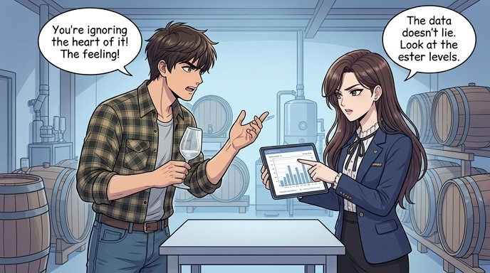 An intense debate starts. LEFT: The 30-year-old man with a sturdy build, Han-sol, gestures emphatically with one hand while holding a tasting glass. RIGHT: The 30-year-old woman with a slender frame, Soo-yeon, shakes her head slightly, pointing to a data chart on a tablet.