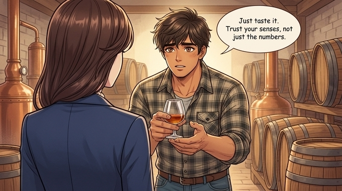 Han-sol makes an appeal to senses. The 30-year-old man with a sturdy build, Han-sol, extends the cognac glass toward Soo-yeon, his expression earnest, inviting Soo-yeon to trust his palate.