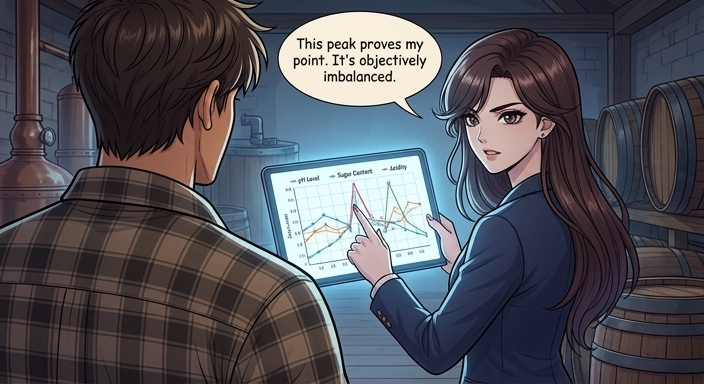 Soo-yeon counters with data. The 30-year-old woman with a slender frame, Soo-yeon, turns her tablet to face Han-sol, her finger tapping on a specific peak on a graph, her expression firm and analytical.