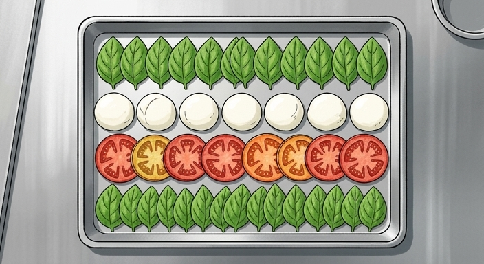 A focus on specific ingredients. A perfect arrangement of basil leaves, sculpted mozzarella, and heirloom tomatoes is laid out on a steel tray.