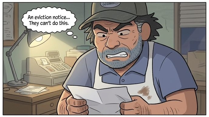 The threat is confirmed. CENTER: The stocky 50-year-old man with a weathered face, Sal, stands holding a business letter, Sal's expression tight with anger and worry.