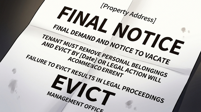 The eviction notice is shown in detail. The words 'FINAL NOTICE' and 'EVICT' are bold and menacing.