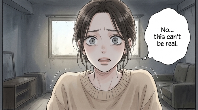 A slender woman with large grey eyes and dark hair, Elara, is inside the apartment. Elara's eyes are wide with panic, and Elara's mouth is slightly agape.