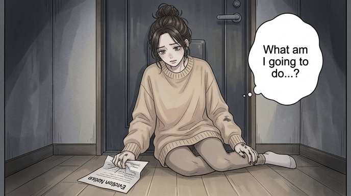 A slender woman with large grey eyes and dark hair, Elara, slides down the back of the front door. Elara's body is limp. The eviction notice is crumpled in one hand.
