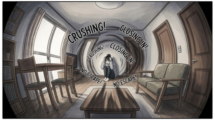 The apartment walls appear to be pressing inwards. A fisheye lens effect distorts the room, making the space feel claustrophobic and menacing.