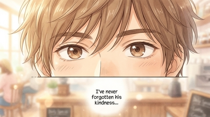 The memory focuses on a specific detail. CENTER: The man with light brown hair, Leo, looks forward with non-judgmental, kind eyes.