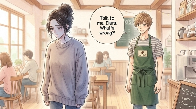 A memory of a past interaction. LEFT: The slender woman with dark hair, Elara, turns away, avoiding eye contact. RIGHT: The man with light brown hair, Leo, maintains a kind, open posture.