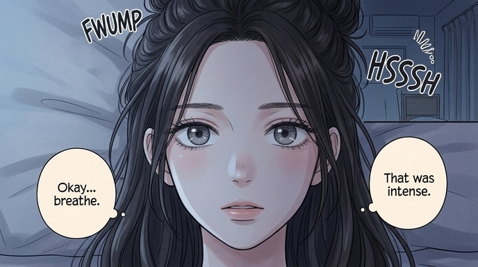 A return to the present moment. CENTER: The slender woman with dark hair, Elara, slowly opens grey eyes. The previous anguish on the face has softened into a look of contemplation.