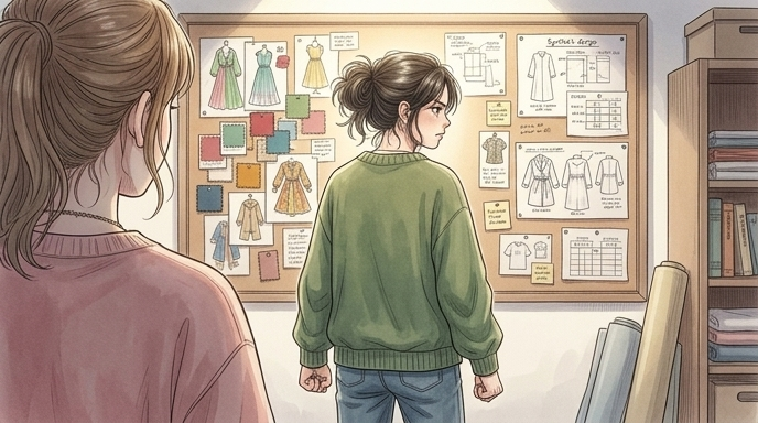 Pona's avoidance. CENTER: Pona, wearing an oversized sweater, turns away from Sena. Pona's gaze is fixed on a wall covered with Synthia's design schematics. Pona's hands are clenched into fists.