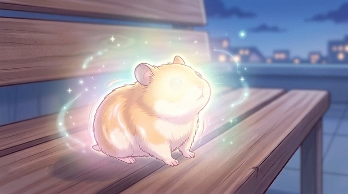 A soft glow of light envelops the tiny hamster on the bench. The hamster's shape begins to subtly shift and enlarge.
